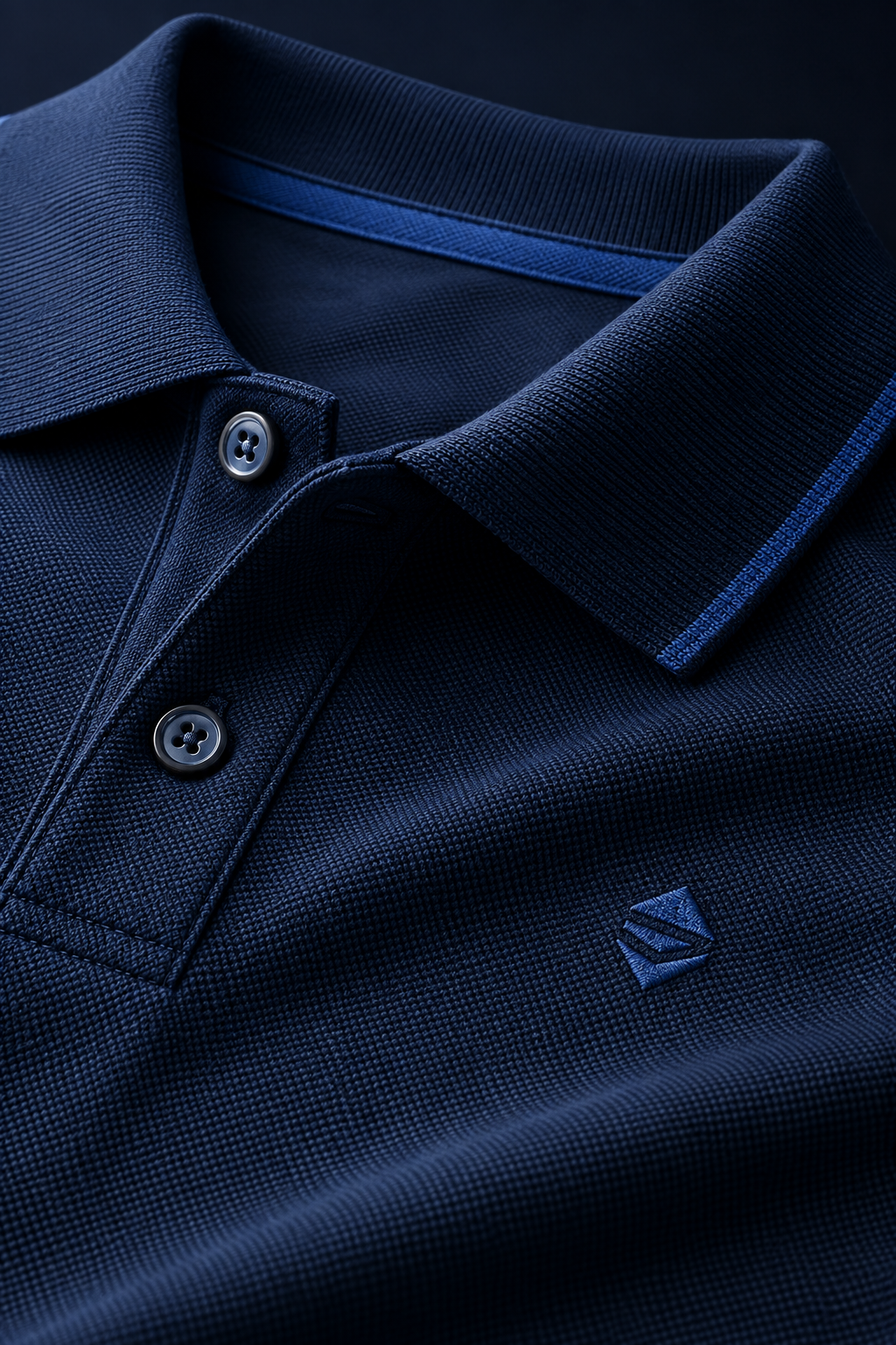 Detalhe de camisa polo azul-marinho com bordado corporativo