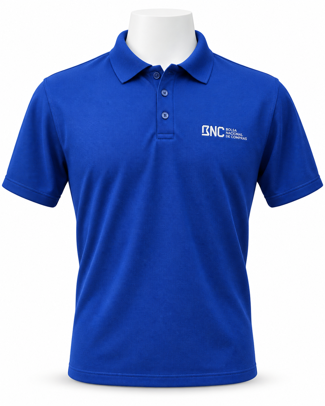 Camisa polo azul completa produzida para a Bolsa Nacional de Compras